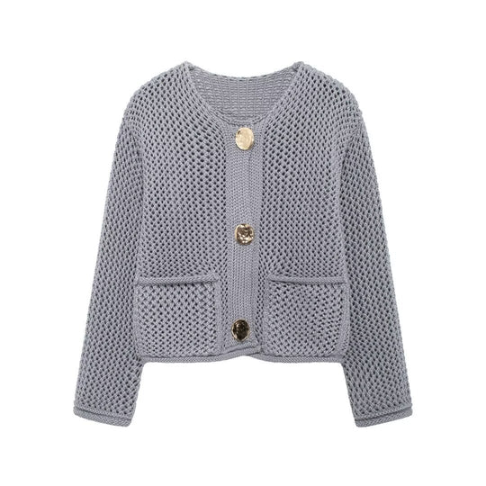 Damen luftiger Strickjacke mit dekorativem Netzdesign und praktischen Taschen EB