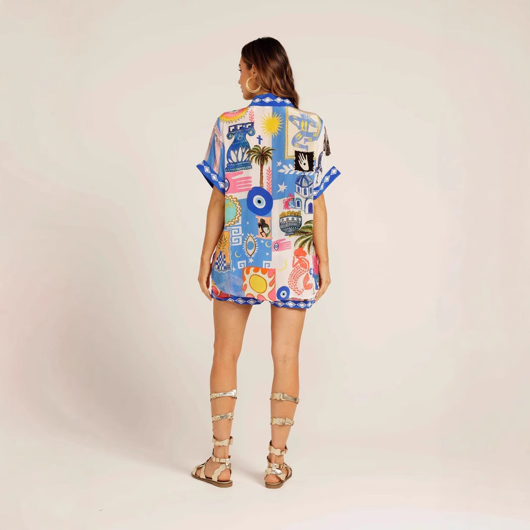 Damen Set aus leichtem, bedrucktem Kurzarmhemd und Shorts mit buntem Design EB