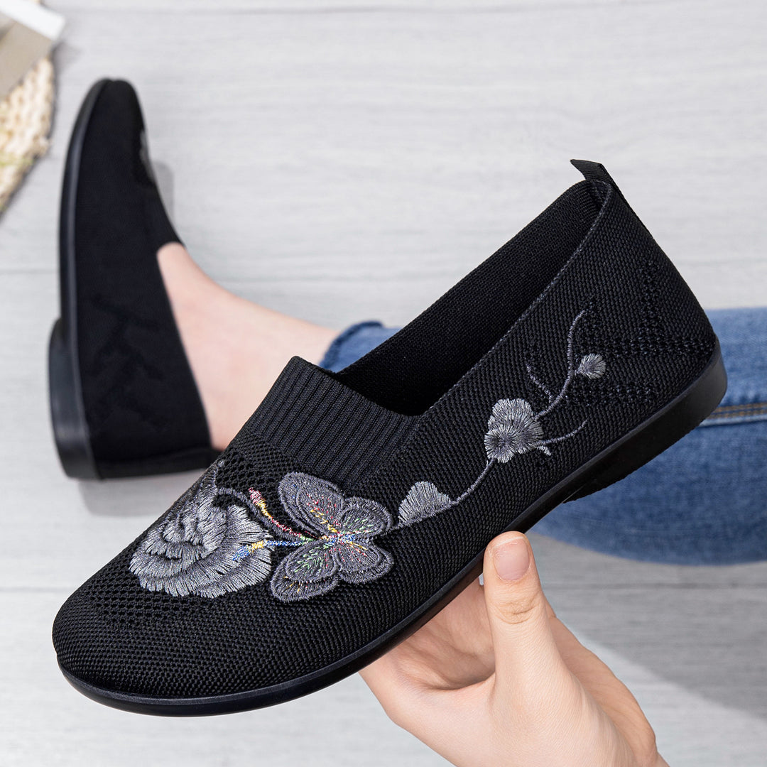 Damen nan bestickter Strick-Slipper mit sockenähnlichem Einstieg, floralem Stickmotiv und gedämpfter Leichtsohle EB