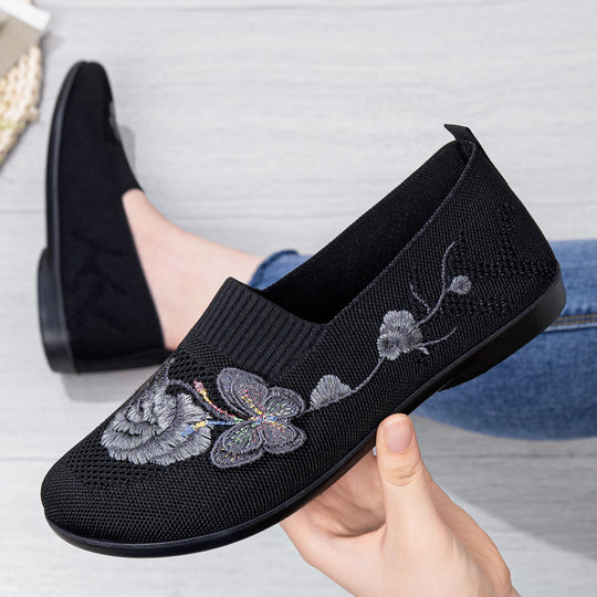 Damen nan bestickter Strick-Slipper mit sockenähnlichem Einstieg, floralem Stickmotiv und gedämpfter Leichtsohle EB