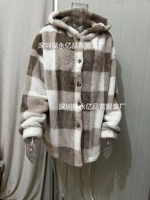Damen nan kuschelige karierte Teddyjacke mit Kapuze, Knopfverschluss und oversized Schnitt EB