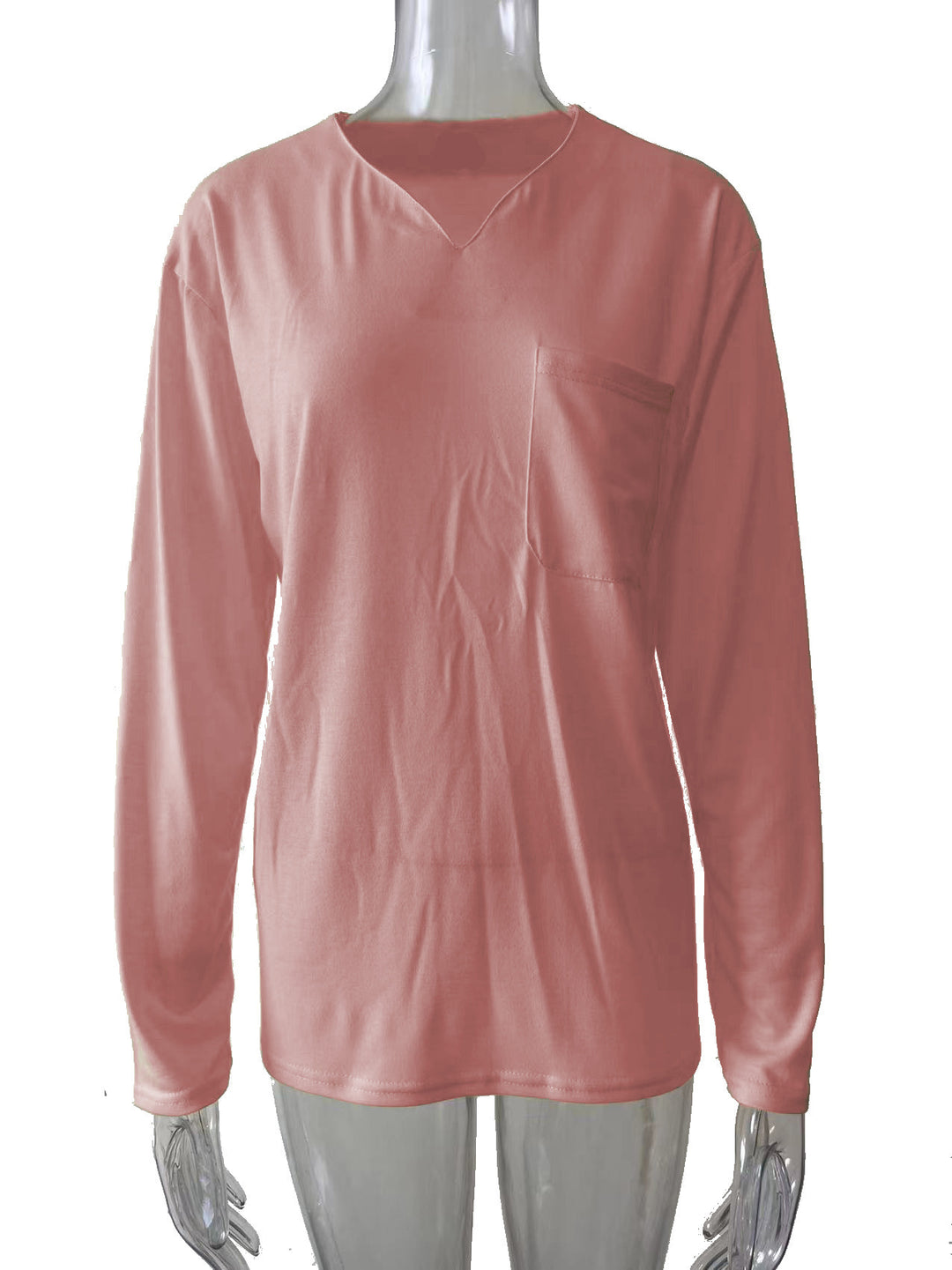 Damen nan legeres Langarmshirt mit V-Notch-Ausschnitt, Brusttasche und lockerer Oversize-Passform EB