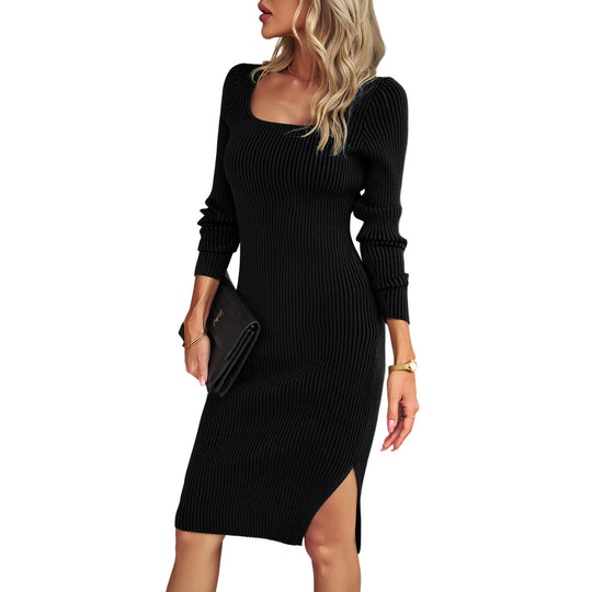 Damen nan geripptes figurbetontes Midikleid mit U‑Ausschnitt, taillierter Shaping‑Silhouette und langen Ärmeln EB