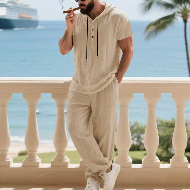 Herren komfortables Freizeit-Set mit modischem Henley-Oberteil und lockeren Hosen EB