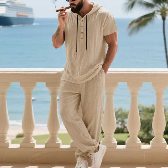 Herren komfortables Freizeit-Set mit modischem Henley-Oberteil und lockeren Hosen EB