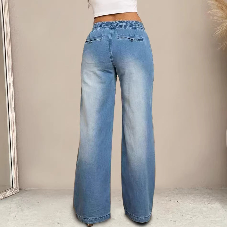 Damen Weit geschnittene Jeanshose mit elastischem Bund und modischem Used-Look EB