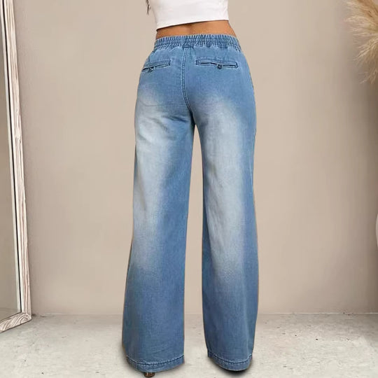 Damen Weit geschnittene Jeanshose mit elastischem Bund und modischem Used-Look EB