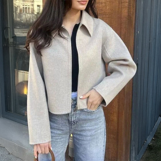 Damen nan kaschmirähnliche Wolljacke mit durchgehendem Reißverschluss, oversized Schnitt und Hemdkragen EB