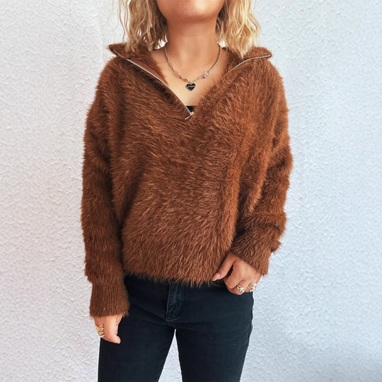 Damen kuscheliger Pullover mit hohem Kragen und Reißverschluss EB