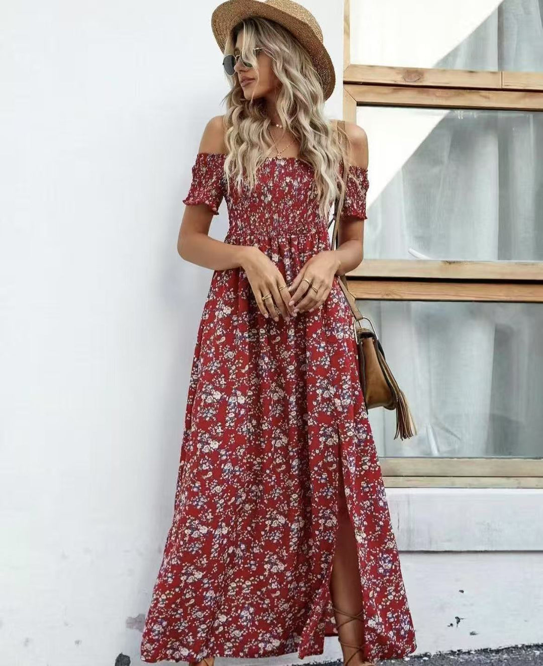 Damen luftiges Maxikleid mit schulterfreien Ärmeln und floralem Muster EB