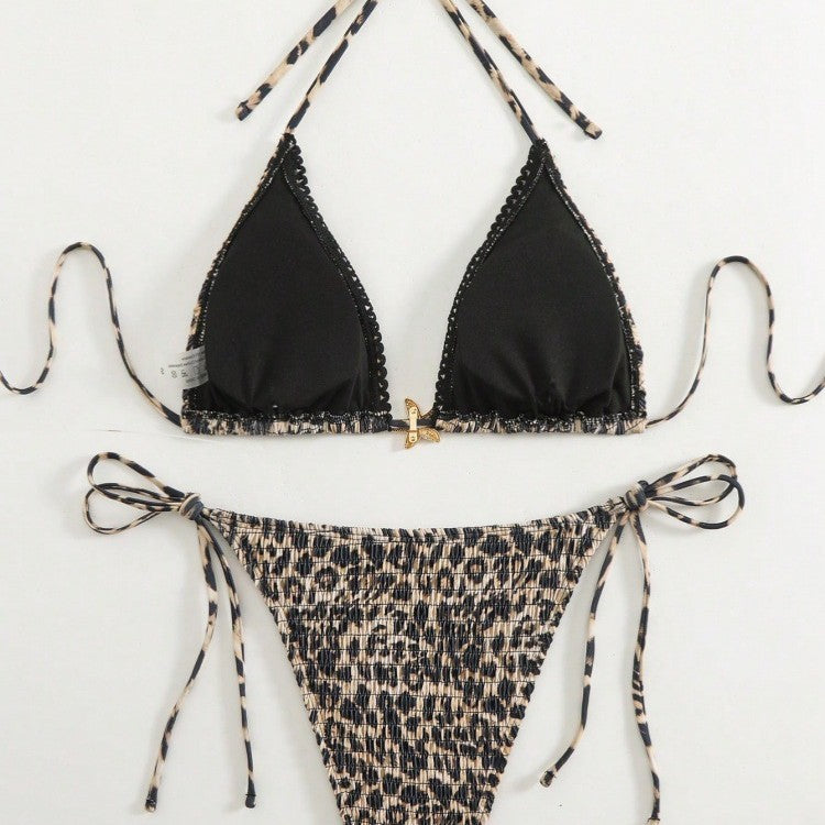 Damen Triangel-Bikini mit modischem Leopardenmuster und seitlichen Bindebändern EB