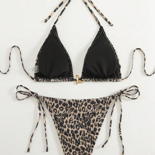 Damen Triangel-Bikini mit modischem Leopardenmuster und seitlichen Bindebändern EB