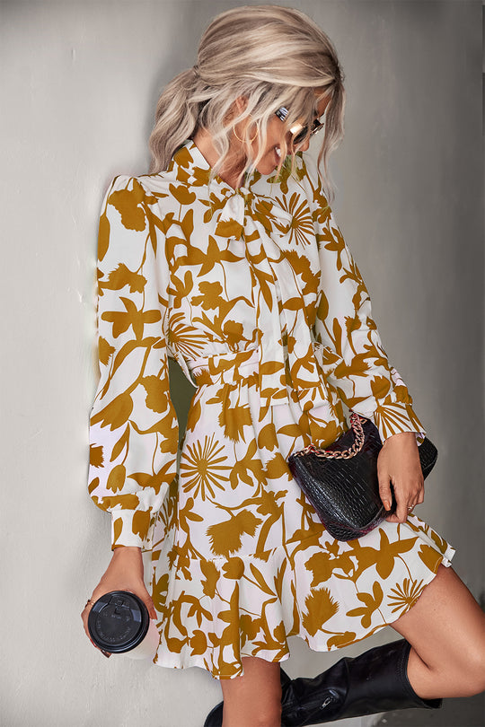 Damen Kleid mit hochgeschlossenem Kragen und modischem Blumendruck EB