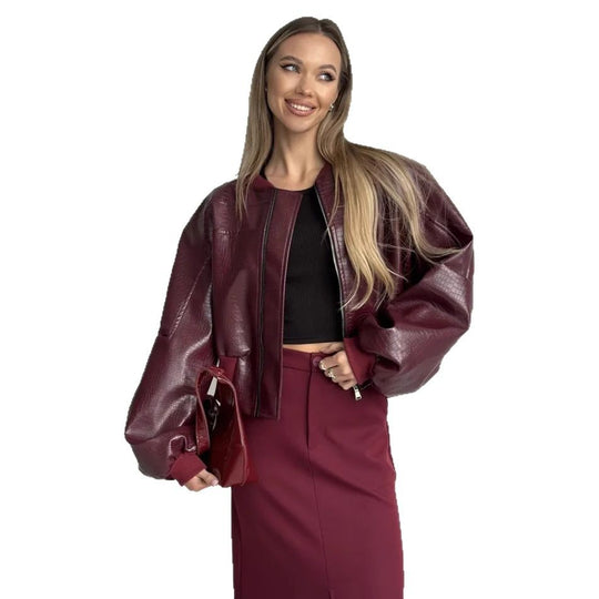 Damen trendige cropped Kunstlederjacke mit voluminösen Ärmeln EB