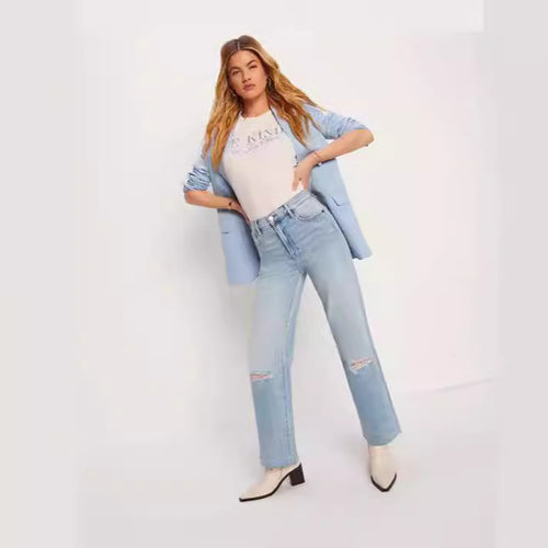 Damen High-Waist Jeans mit fransigem Saum und modischen Rissdetails EB