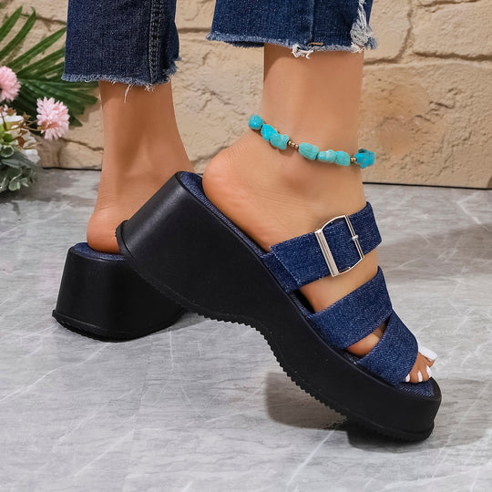 Damen Plateau-Pantoletten mit verstellbarem Riemendesign und modischem Denim-Obermaterial EB