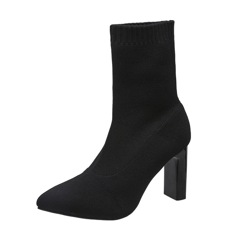 Damen nan gestrickte Sock-Ankleboot mit spitzer Zehenpartie und skulpturellem Blockabsatz EB