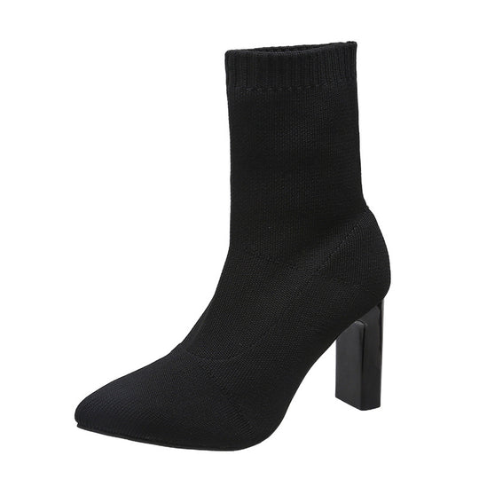 Damen nan gestrickte Sock-Ankleboot mit spitzer Zehenpartie und skulpturellem Blockabsatz EB