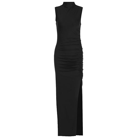 Damen Figurbetontes Maxikleid mit Stehkragen und geschmeidigem Rüschen-Design EB