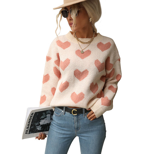 Damen Strickpullover mit Herzmuster und lässigem Schnitt EB