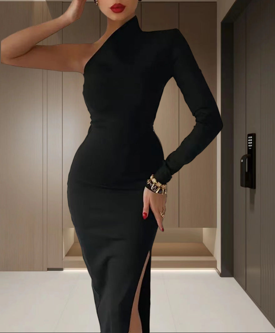 Damen Elegantes asymmetrisches Abendkleid mit hohem Schlitz und langem Arm EB