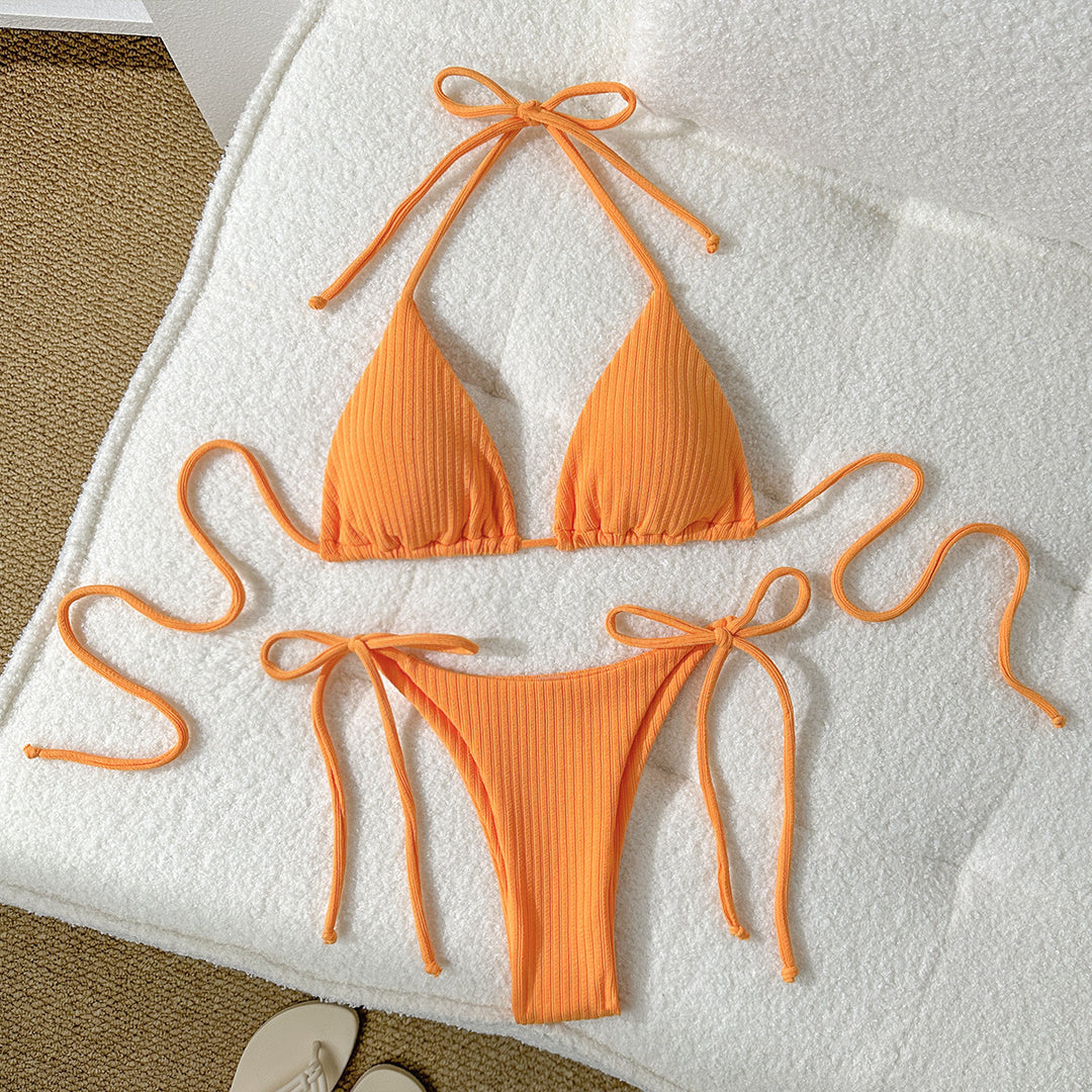 Damen Triangel-Bikini mit elastischen Bindebändern und Ripp-Optik EB