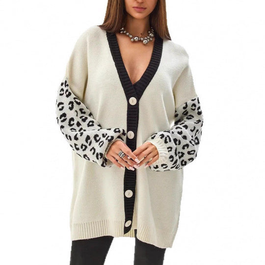 Damen Grobstrick Cardigan mit Leopardenmuster und Knopfdetaillierung EB