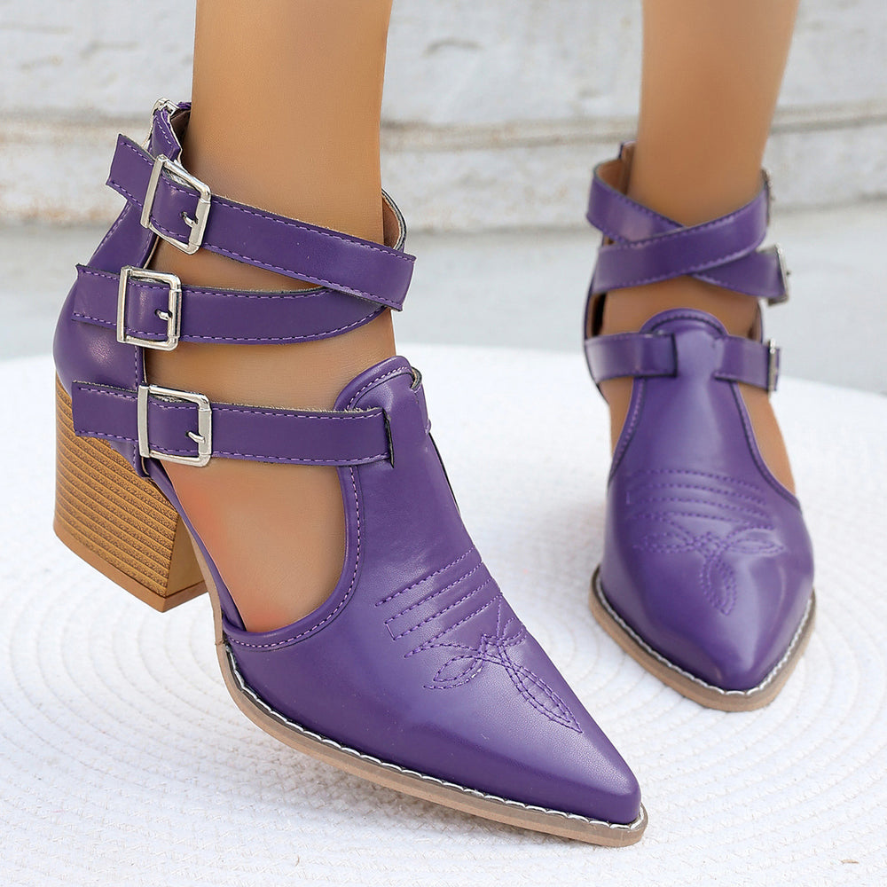 Damen High Heel Stiefeletten mit einzigartigen Riemen und verziertem Absatz EB