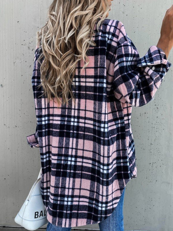 Damen Flanellhemdjacke mit Karomuster und großen Knöpfen EB