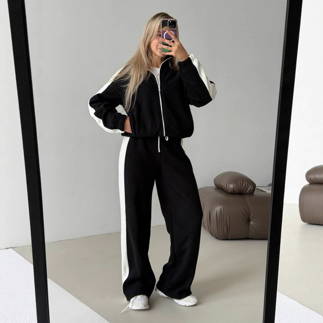 Damen sportlich-elegantes Fleece-Trainingsset mit kurzem Stehkragen-Zip, elastischem Bund und seitlichen Kontrastbahnen Eichborn Berlin