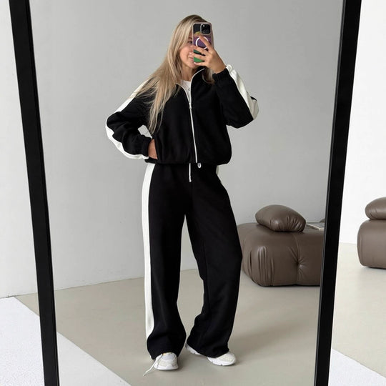 Damen sportlich-elegantes Fleece-Trainingsset mit kurzem Stehkragen-Zip, elastischem Bund und seitlichen Kontrastbahnen Eichborn Berlin