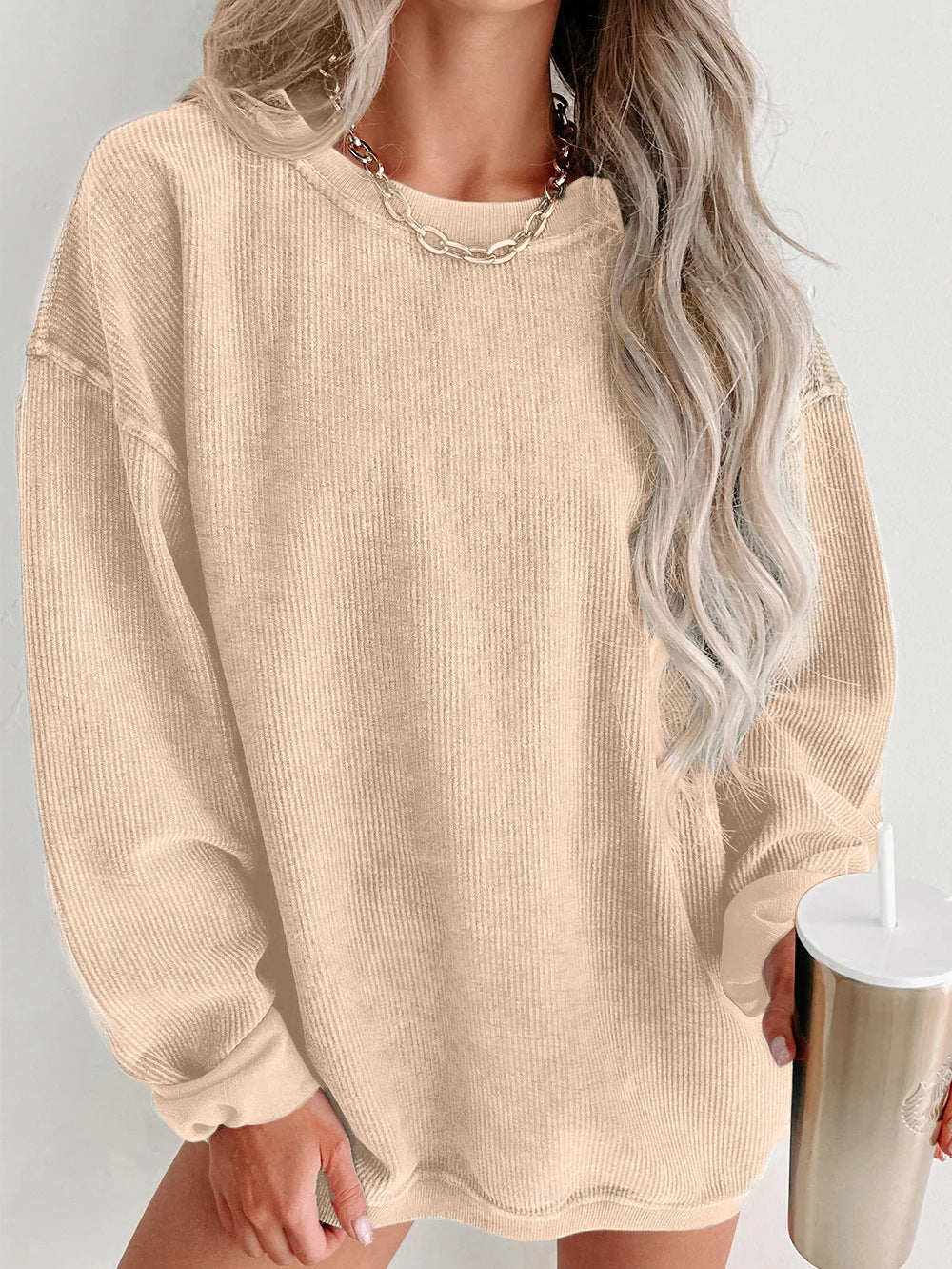 Damen lässiger Sweatshirt mit feiner Rippstruktur und komfortablem Schnitt EB