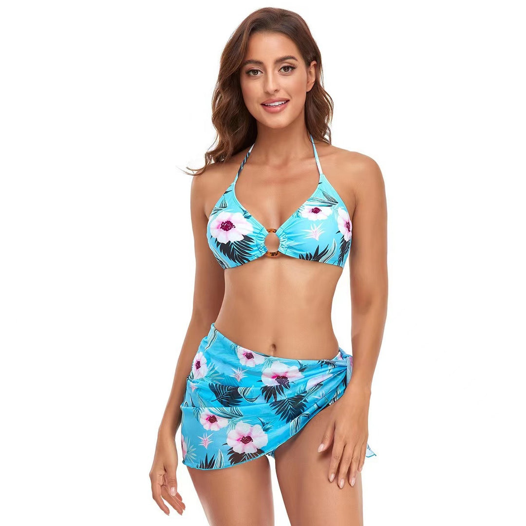 Damen Triangel-Bikini-Set mit modischem Wickelrock und floralem Design EB