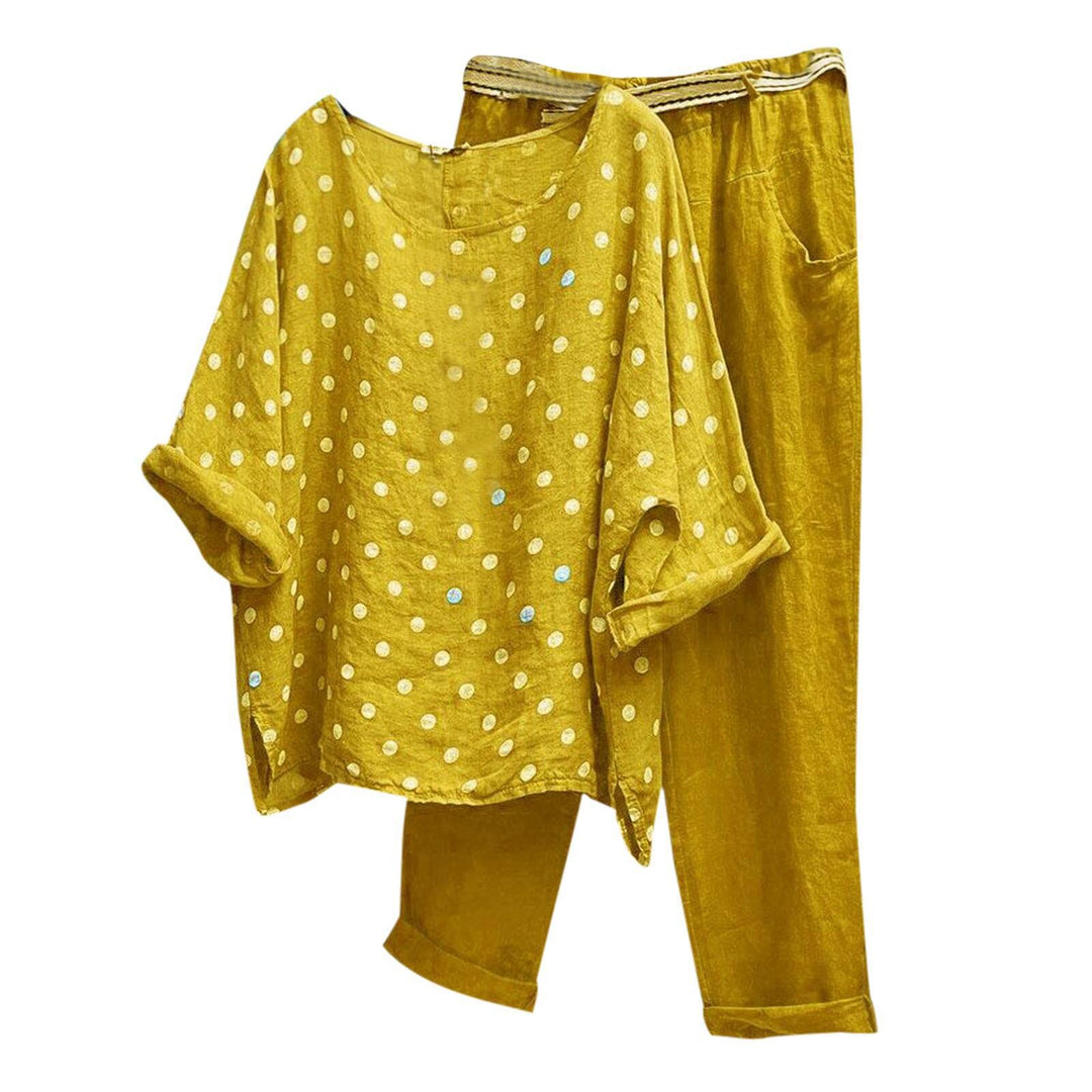 Damen nan komfortables Leinen-Freizeitset mit weiter Tunika, Pünktchenmuster und elastischer Bundhose EB