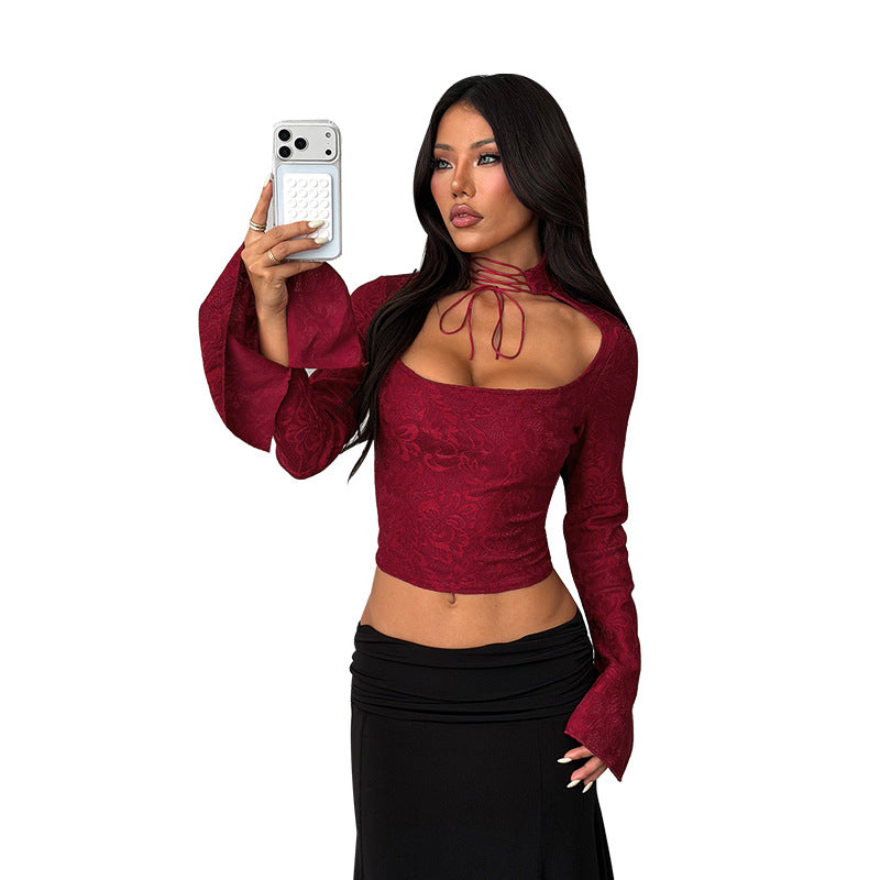 Damen elegantes Langarm-Top mit schickem Stehkragen und floralem Muster EB