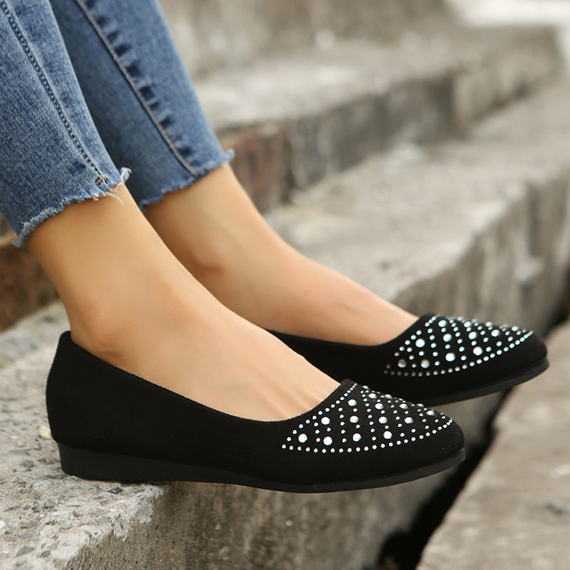 Damen  flache Ballerina-Slipper aus Veloursimitat mit Strassapplikation und gepolsterter Komfortinnensohle EB