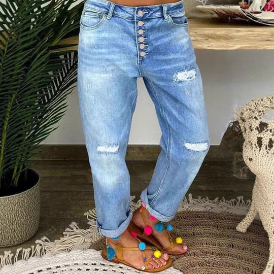 Damen Denim-Bundfaltenhose mit Knopfleiste und modischem Destroyed-Effekt EB