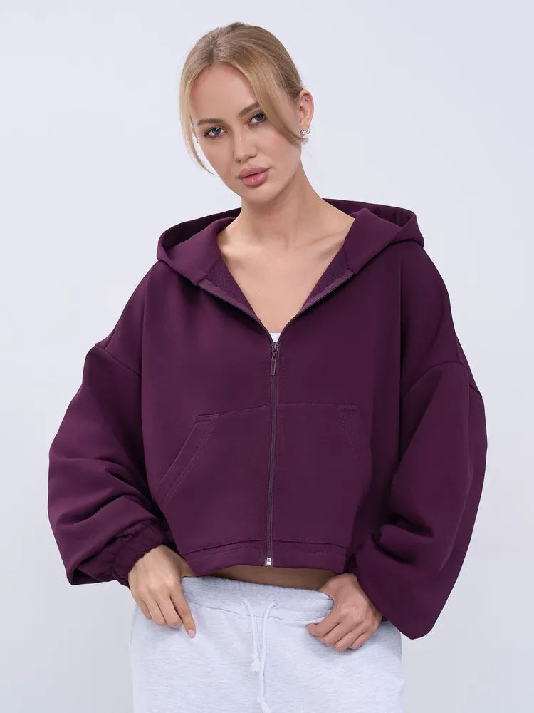 Damen legeres Cropped-Fleece-Hoodie mit Tunnelzugbund, Raglanärmeln und Reißverschluss Eichborn Berlin