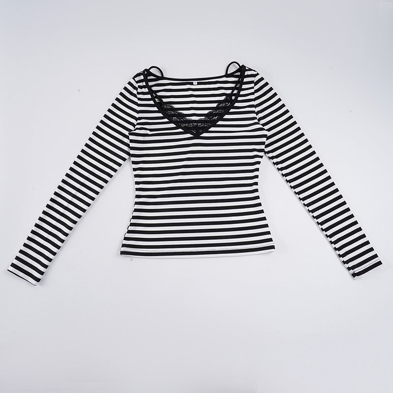 Damen nan gestreiftes Langarmshirt mit Spitzen‑V-Ausschnitt und Doppelspaghettiträger EB