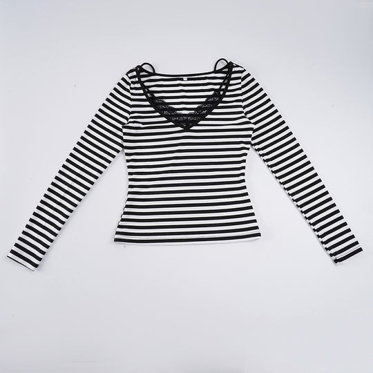 Damen nan gestreiftes Langarmshirt mit Spitzen‑V-Ausschnitt und Doppelspaghettiträger EB