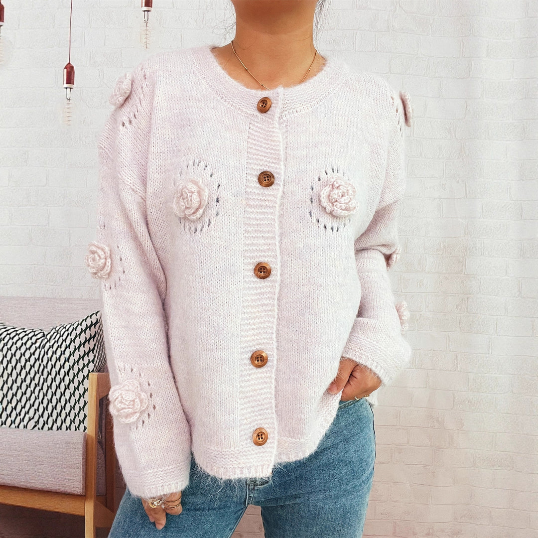 Damen Strickjacke mit floralen Applikationen und dekorativen Knöpfen EB