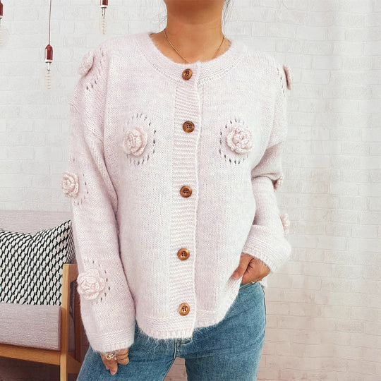 Damen Strickjacke mit floralen Applikationen und dekorativen Knöpfen EB