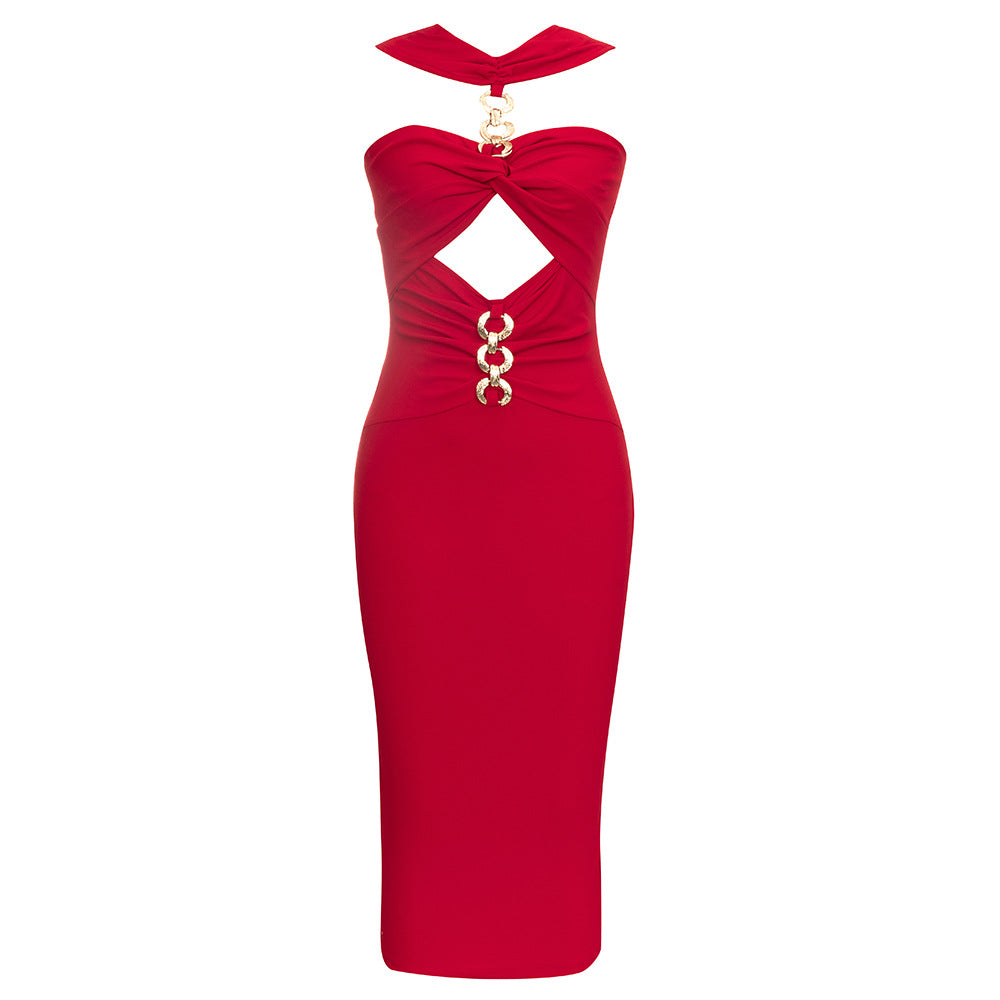 Damen Elegantes Cocktailkleid mit raffinierten Cut-Outs und metallic großen Knopfdetails EB