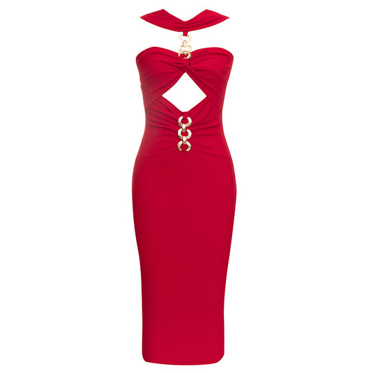 Damen Elegantes Cocktailkleid mit raffinierten Cut-Outs und metallic großen Knopfdetails EB