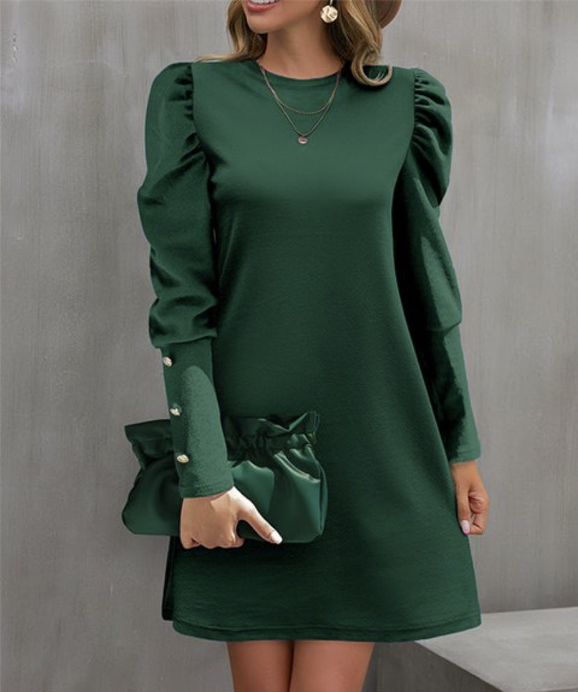 Damen Elegantes A-Linien-Minikleid mit betonten Puffärmeln und Perlenknopf-Ärmelmanschetten EB