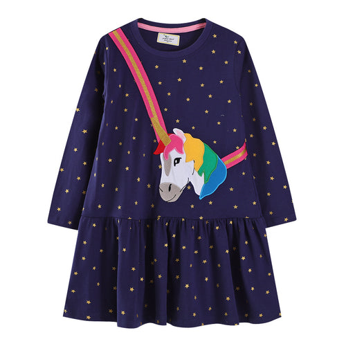 Mädchen Langarmkleid mit zauberhaftem Einhorn-Applikationsdesign EB