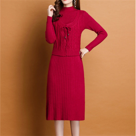 Damen elegantes Strickkleid mit hochgeschlossenem Kragen und dekorativem Zopfdesign EB