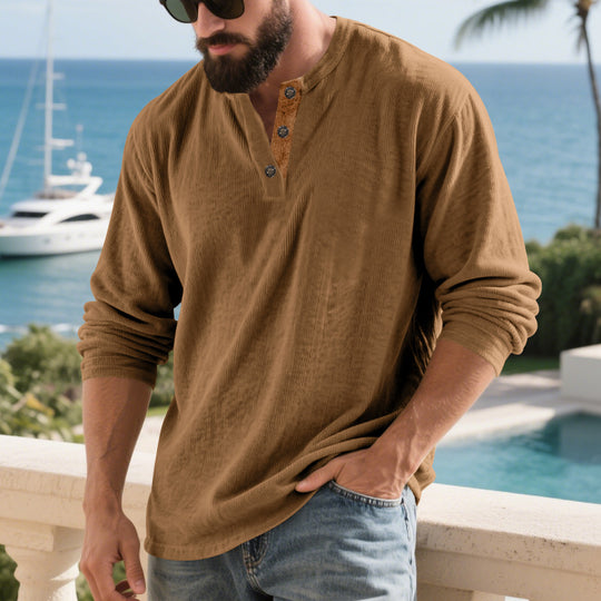 Herren nan langärmeliges Henleyshirt aus strukturierter Baumwollmischung mit Zierknopfleiste EB