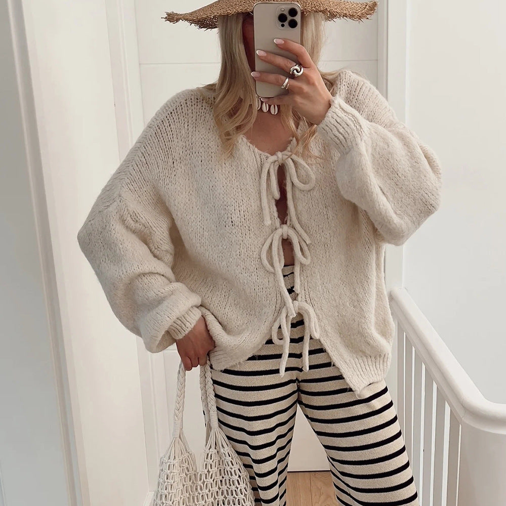 Damen Grobgestrickter Offener Cardigan mit Bindebändern, Oversize‑Silhouette und Raglanärmeln EB