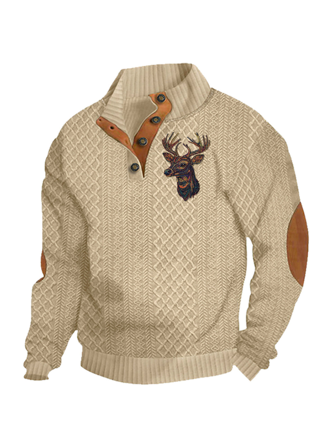 Herren nan Heritage-Strukturpullover mit Stehkragen Lederimitat-Besatz Ellenbogen-Patches und Halbknopfleiste EB